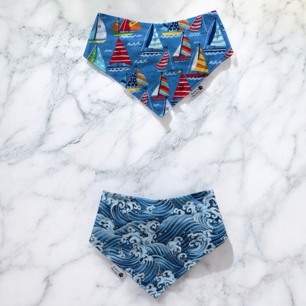 DOG Bandana - Sailboats & Waves Reversible (Reversible) - Size L Large
